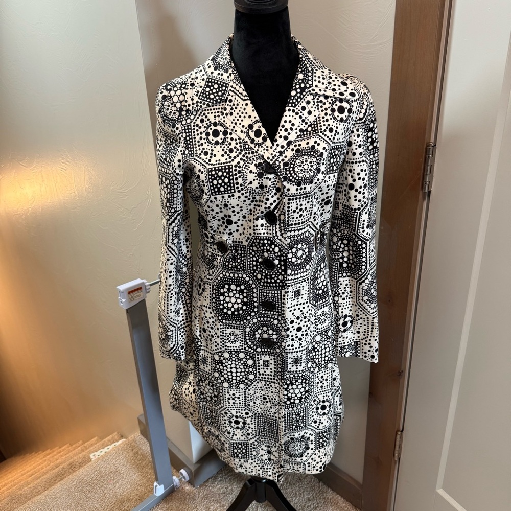 Trina Turk Black White Geometric Print Coat Dress Button Down Blazer Jacket 4